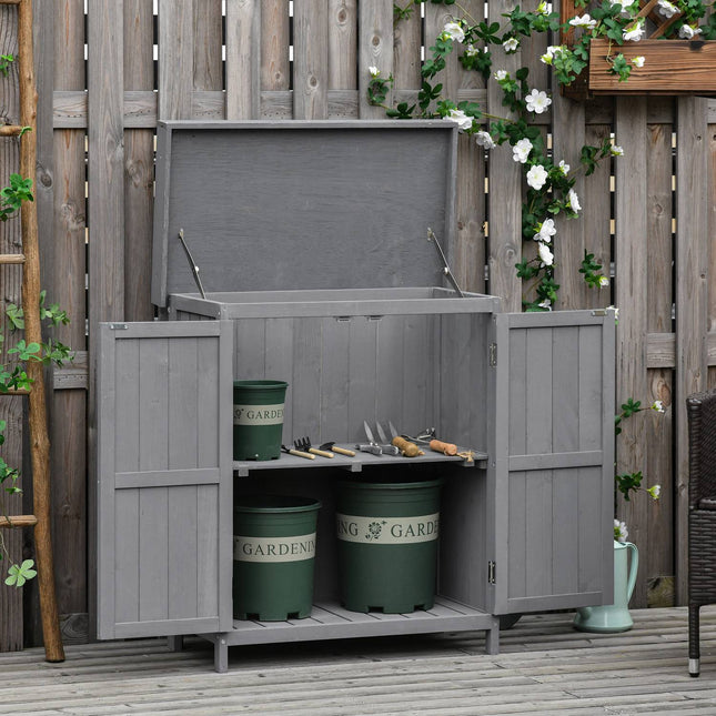 Weather Resistant Spruce Wood Garden Cabinet, Double Door, Grey