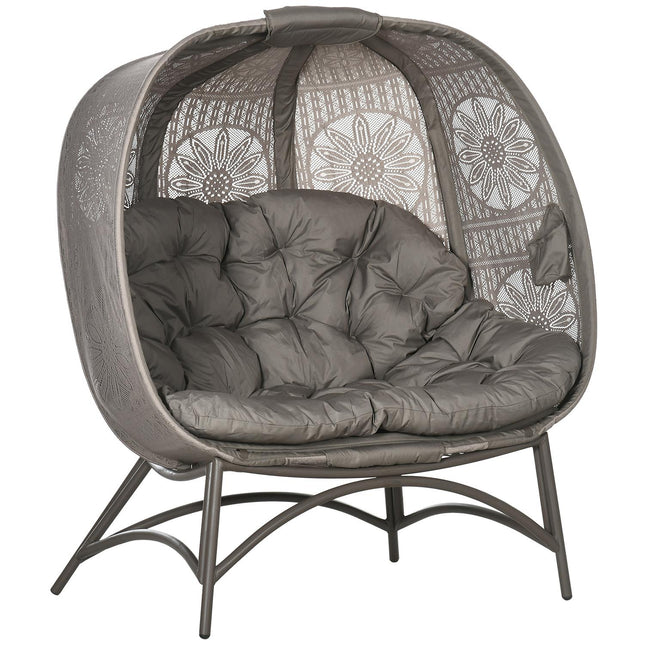 Wicker 2-seater garden chair with cushion, folding basket
