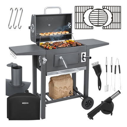 Garden Charcoal Grill with Cover, Cast Iron Grate, Thermometer