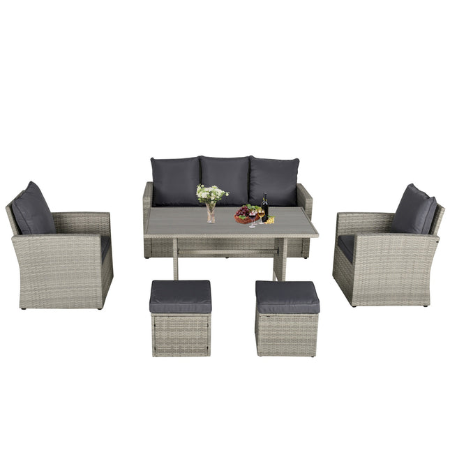 Garden sofa with lounge & stool, PE rattan grey