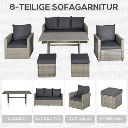 Garden sofa with lounge & stool, PE rattan grey