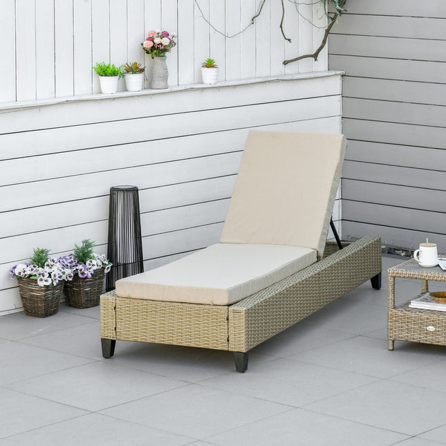 Adjustable sun lounger in poly rattan with cushions - Khaki
