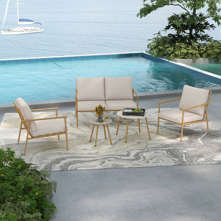 Outdoor furniture set - 2 chairs, sofa and table, cream cushions