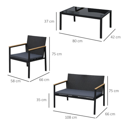 4-piece black rattan patio set with cushions