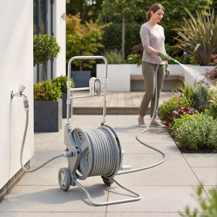 Garden Hose Reel Trolley, 45m Hose, Dual-Function Nozzle