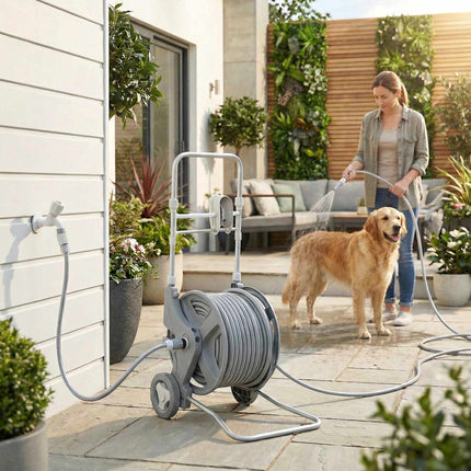 Garden Hose Reel Trolley, 45m Hose, Dual-Function Nozzle