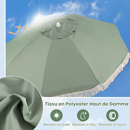 Garden Parasol 270cm, Wooden Pole, Tilt, Fringe, Green