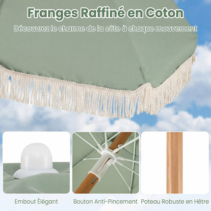 Garden Parasol 270cm, Wooden Pole, Tilt, Fringe, Green