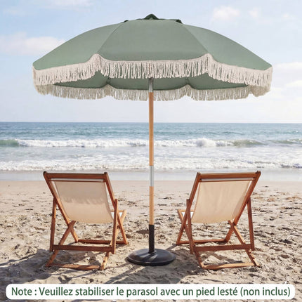 Garden Parasol 270cm, Wooden Pole, Tilt, Fringe, Green