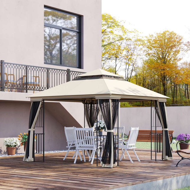 Beige metal & polyester garden pavilion tent, 3x3m with sides