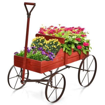 Garden Planter Wagon, Fir Wood, 2 Sections, Wheels, Red