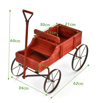 Garden Planter Wagon, Fir Wood, 2 Sections, Wheels, Red