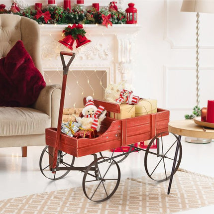 Garden Planter Wagon, Fir Wood, 2 Sections, Wheels, Red