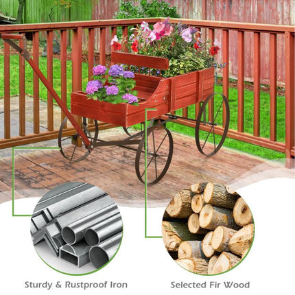 Garden Planter Wagon, Fir Wood, 2 Sections, Wheels, Red