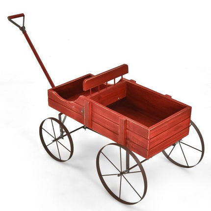 Garden Planter Wagon, Fir Wood, 2 Sections, Wheels, Red