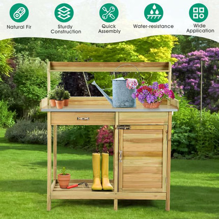 Garden Potting Bench, Galvanized Top, Cabinet Drawer