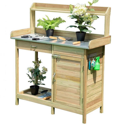 Garden Potting Bench, Galvanized Top, Cabinet Drawer
