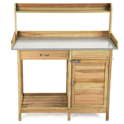 Garden Potting Bench, Galvanized Top, Cabinet Drawer