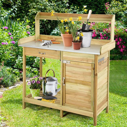 Garden Potting Bench, Galvanized Top, Cabinet Drawer