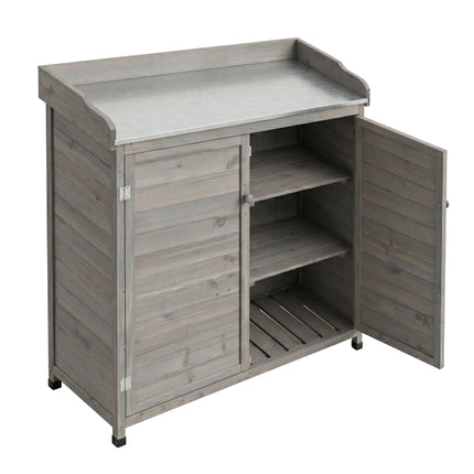 Garden Potting Bench with Cabinet, Grey, Galvanised Top