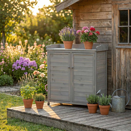 Garden Potting Bench with Cabinet, Grey, Galvanised Top