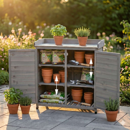 Garden Potting Bench with Cabinet, Grey, Galvanised Top