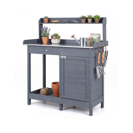 Garden Potting Bench with Stainless Steel Top, Lockable Cabinet, Grey