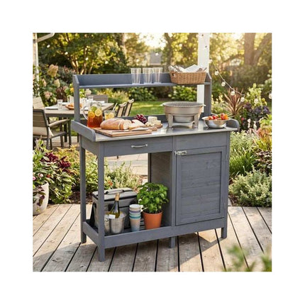 Garden Potting Bench with Stainless Steel Top, Lockable Cabinet, Grey
