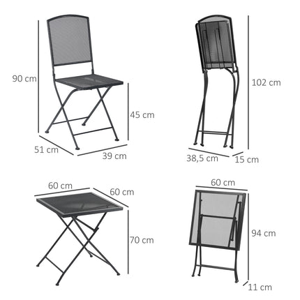 3-piece gray metal bistro set - table and folding chairs
