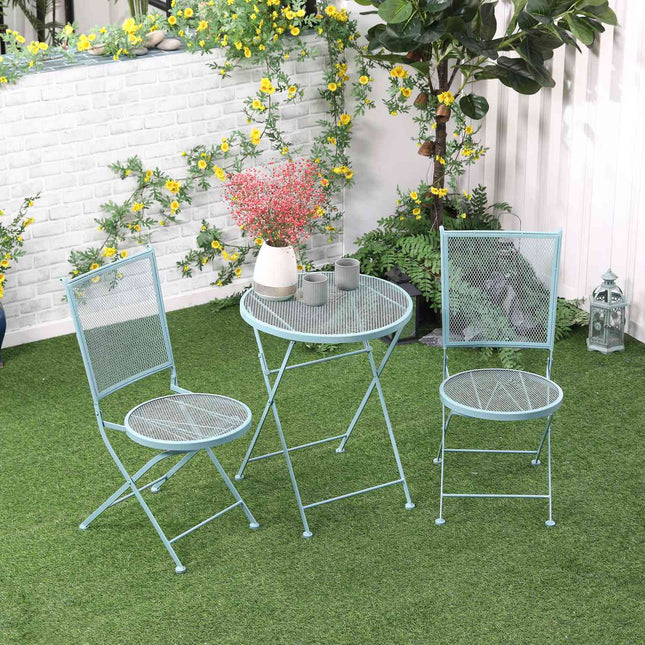 Bistro set for 2, folding chairs and table in metal, blue