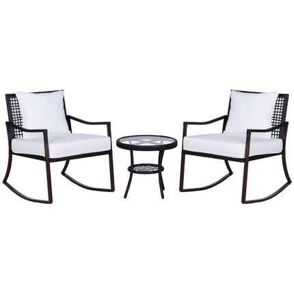 Rattan rocking chair set for 2 with cushions, brown/white