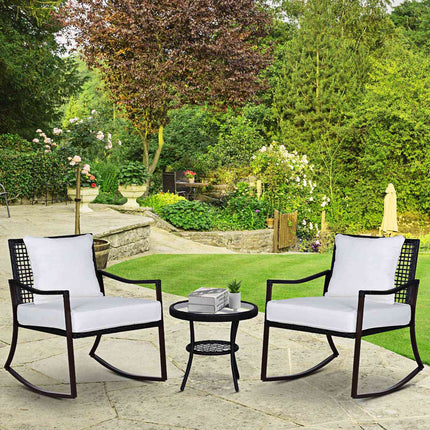 Rattan rocking chair set for 2 with cushions, brown/white