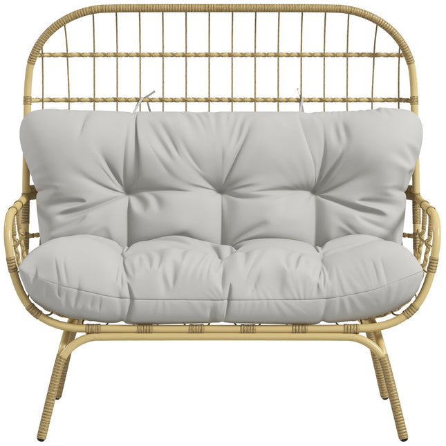 2-seater rattan garden sofa, padded cushions, light grey