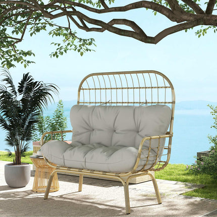 2-seater rattan garden sofa, padded cushions, light grey