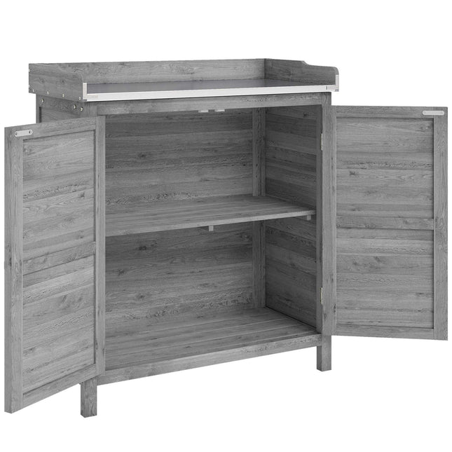 Garden Storage Cabinet with Metal Worktop, Grey Wood