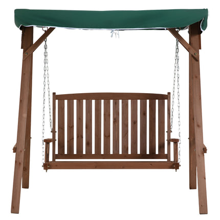 Garden swing in solid wood for 2, green, with roof cover