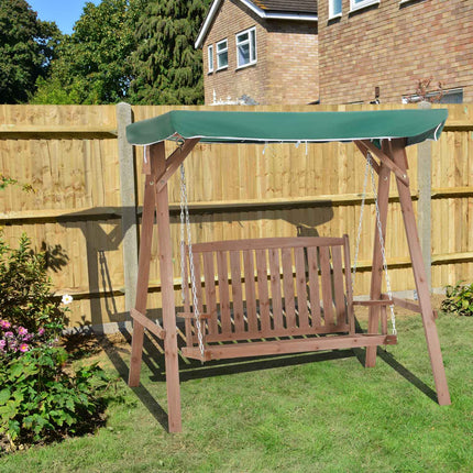 Garden swing in solid wood for 2, green, with roof cover