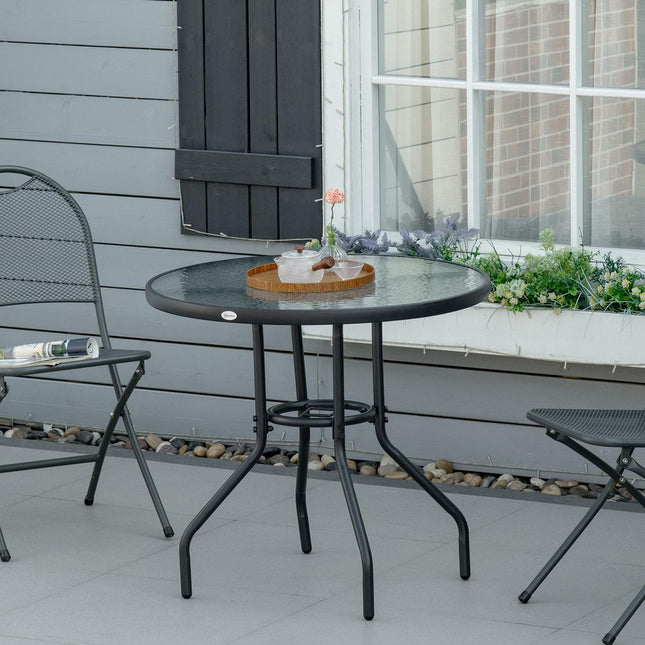 Outdoor bistro table, tempered glass & metal, black, 80cm