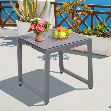 Garden side table, tempered glass, poly rattan & aluminium