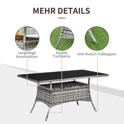 Outdoor dining table, Glass top, Polyrattan, 150x85x74 cm
