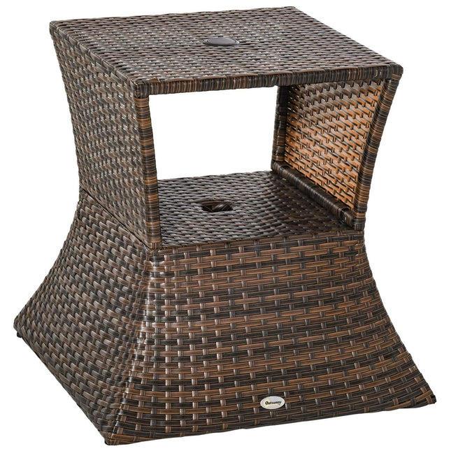 Garden table with parasol stand - Polyrattan, Brown, 54x54x55 cm