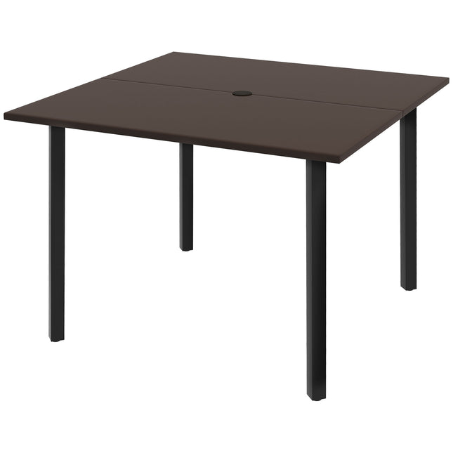Square garden table with umbrella hole, steel, brown, seats 4