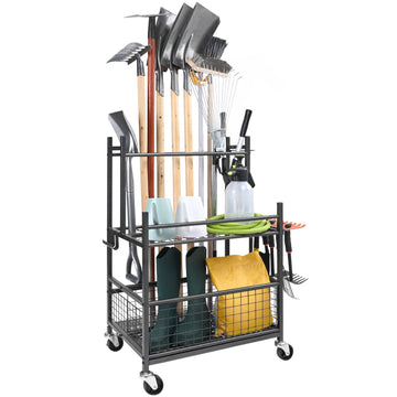 Garden Tool Organizer, 16-Slot Metal Rolling Rack