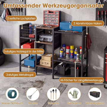 Garden Tool Organizer with Wooden Shelves, Black & Brown