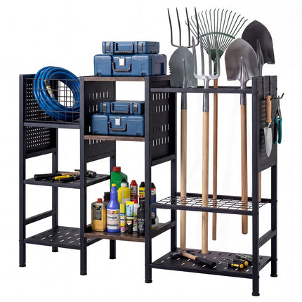 Garden Tool Organizer with Wooden Shelves, Black & Brown