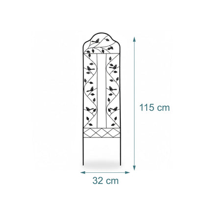 Garden Trellis, Black Steel With Leaf And Bird Motif