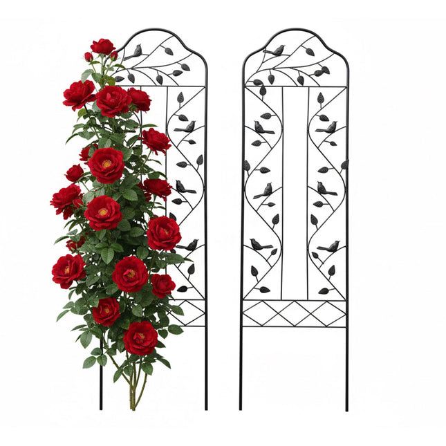 Garden Trellis, Leaf and Bird Motif, Black Steel