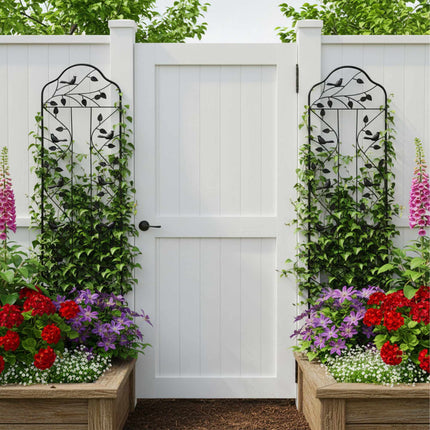 Garden Trellis, Leaf and Bird Motif, Black Steel