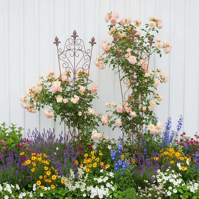 Garden Trellis, Vintage Metal with Fleur-De-Lis Finials