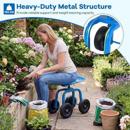 Garden Trolley with Swivel Seat, Adjustable Height, Blue